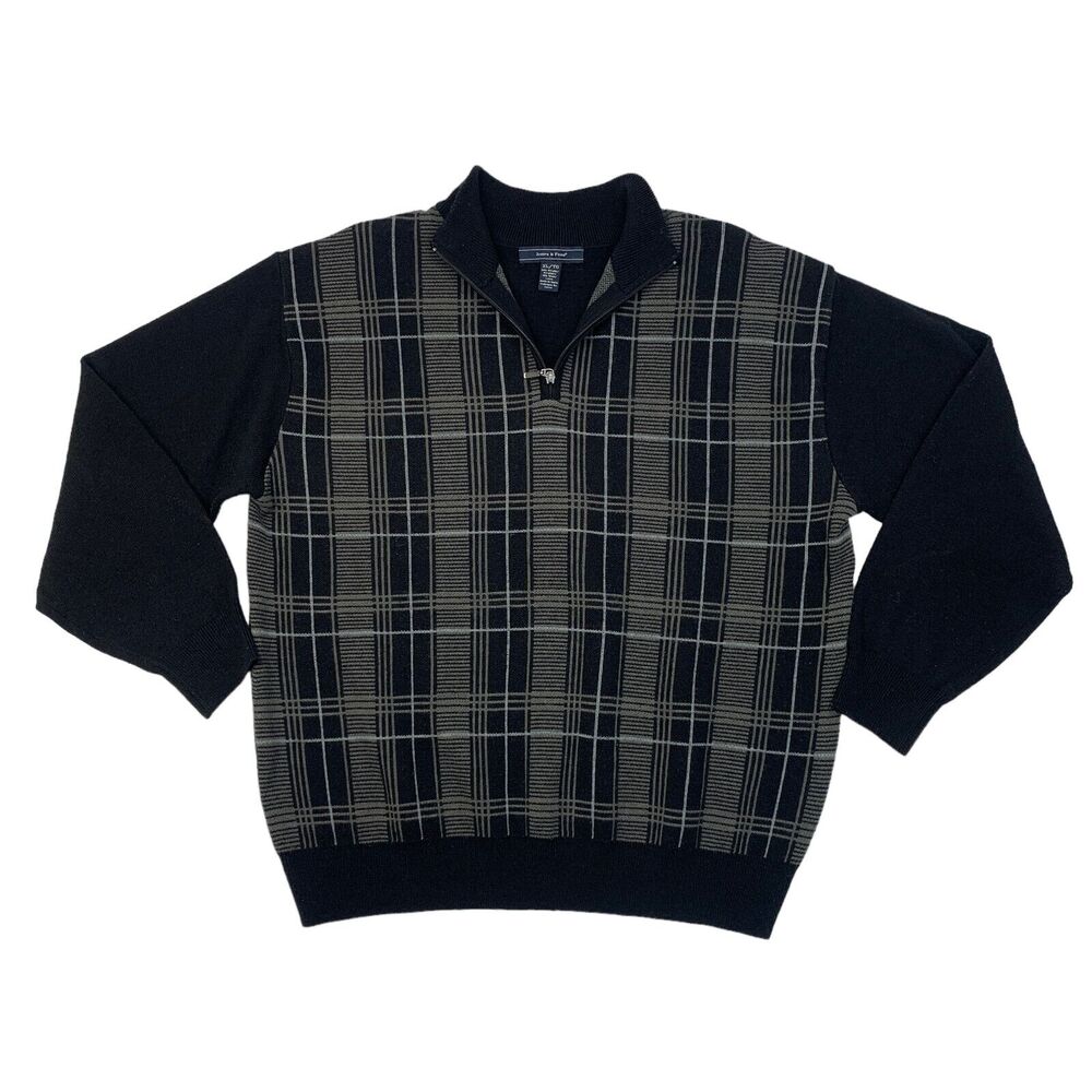 Joseph & Feiss Wool Sweater Mens XL Extra Large Black Plaid Quarter Zip Pullover
